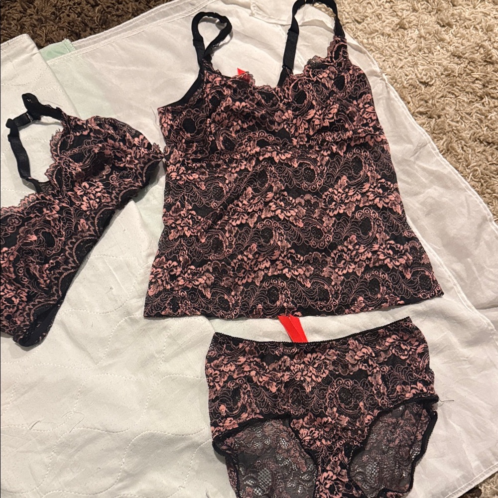 Ruby Ribbon Lace Camisole, Bra, and Panty Set - Black and Pink